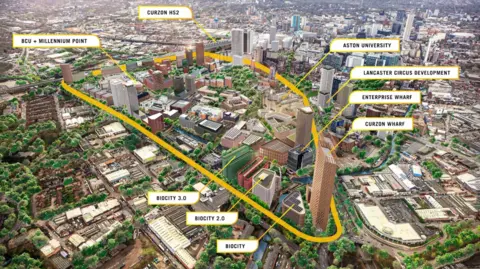 Birmingham City Council A visualised map of what Birmingham City Council describes as the Knowledge Quarter taking in Aston University, Curzon Street HS2, and Curzon Wharf.