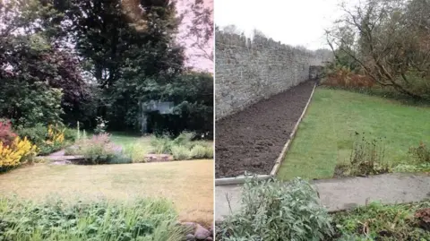 John Watkeys John Watkeys's garden before and after he lost part of it to the new Heads of the Valleys upgrade. On the left two lawns can be seen separated by flowerbeds full of plants, while in the new picture a large stone wall can be seen on the left hand side of a triangular lawn with a large empty flower bed full of soil.