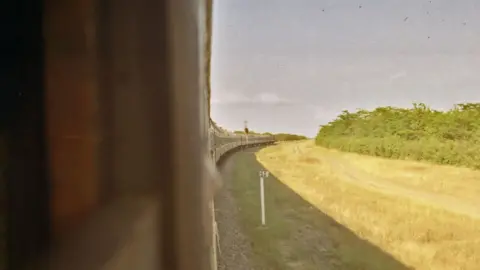 Katya Buchatska Izyum to Liverpool train journey showing view from train of grass and birds flying