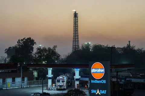 LightRocket via Getty Images A general view of a fuel station in India