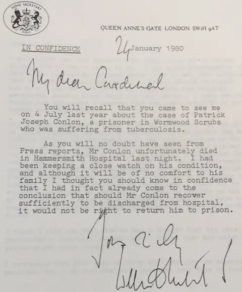 Merlyn Rees papers, LSE Library Letter from William Whitelaw to Cardinal Basil Hume on 24 January 1980