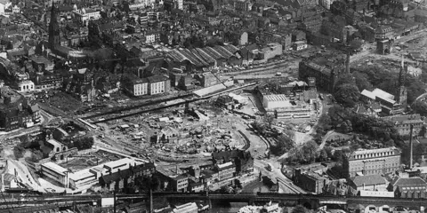 Leicester City Council A black and white aerial view image of a construction site on St Nicholas' Circle 