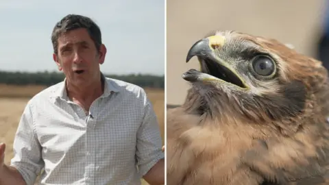 A man in a collared white shirt speaks to camera in a dry farm field, with a closeup of a bird with its mouth open to the right.