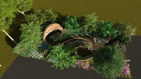 Parkinson's UK A CGI mock-up of the garden. It is colorful with a weaving footpath cutting through plots of flowers and small trees.