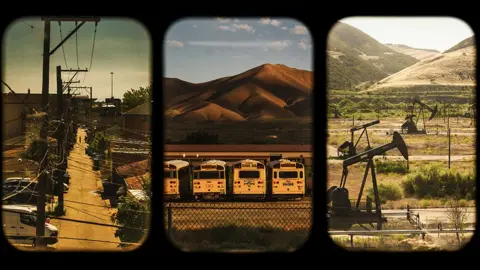 A triptych of images taken from a train window. Left to right: An alley in Chicago, school buses in front of mountains and a beam pump extracting oil from an inland well.