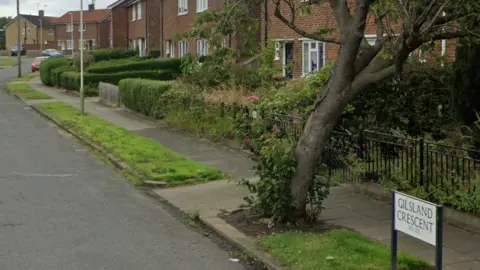 A picture of the junction into Gilsland Crescent with a street sign in the bottom right. A tree can be seen growing outside a row of houses.
