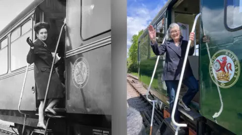 A side‑by‑side comparison showing a black‑and‑white historic photograph and a modern colour image of a person stepping down from a railway carriage, both holding the handrails. The photo is of the same person over 60 years apart on the same green railbus