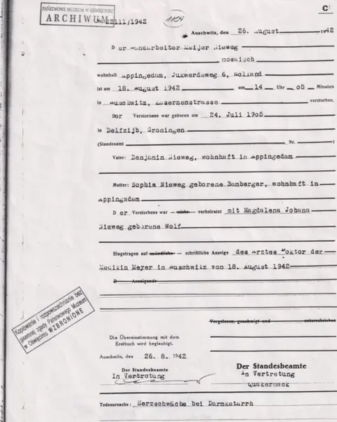 Auschwitz Archive Death certificate of Meijer Nieweg