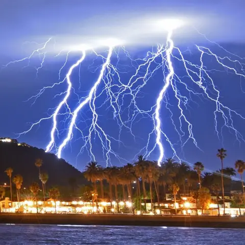 SBCFireInfo More forks of lightning over Stearns Wharf in Santa Barbara