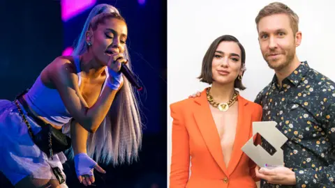 Getty / PA Ariana Grande and Dua Lipa with Calvin Harris