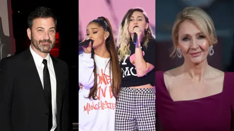 Getty Images Jimmy Kimmel, Ariana Grande and Miley Cyrus and JK Rowling