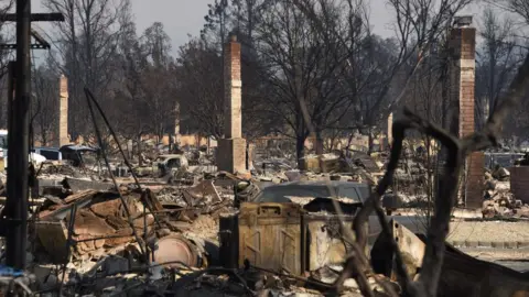 AFP Only chimneys remain standing in the fire-ravaged Coffey Park neighbourhood in Santa Rosa, California. October 12, 2017