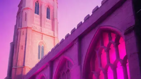 Bristol Light Festival An artistic impression of Temple Church lit up in pink