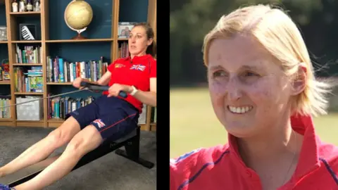 BBC Becki York on rowing machine and portrait of Katrina Brown