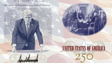 an image of two pages inside a US passport - one showing President Donald Trump with his fists on the Resolute Desk above his signature and another showing a picture of the founding father above "United States of America 250"