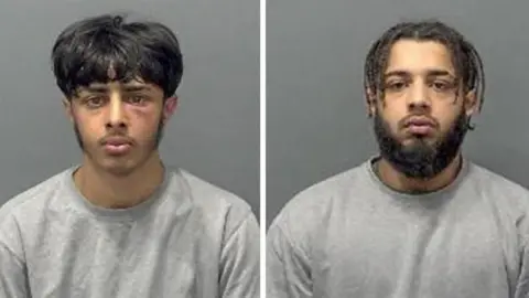 Bedfordshire Police A composite image of the mugshots of Humar and Hannan Mahmood. They both have black hair and look serious. They are wearing grey jumpers.