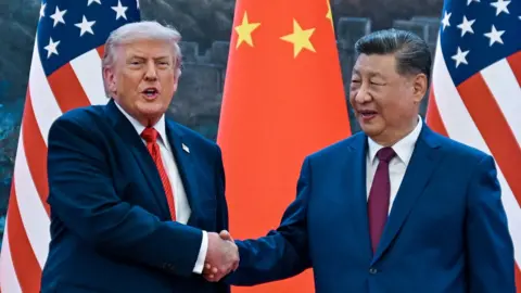 Donald Trump and Xi Jinping shake hands while standing in front of two US flags and one Chinese flag