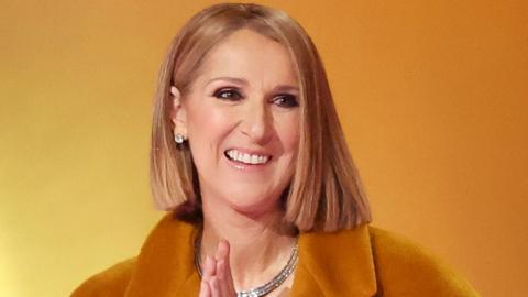 Celine Dion smiling on stage at the Grammys