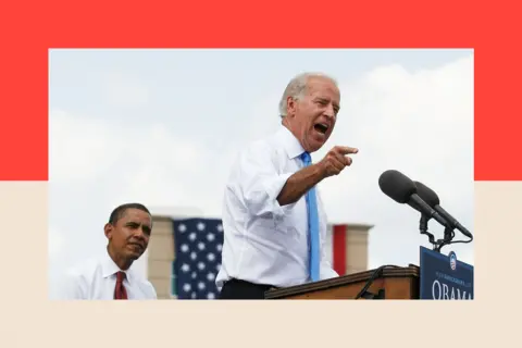 Getty Images Biden pointing and giving a speech, as Obama listens 