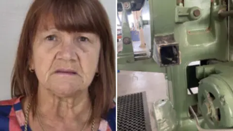 A woman in her sixties with reddish hair. She is staring into the camera. On the right is a green coloured sanding machine.