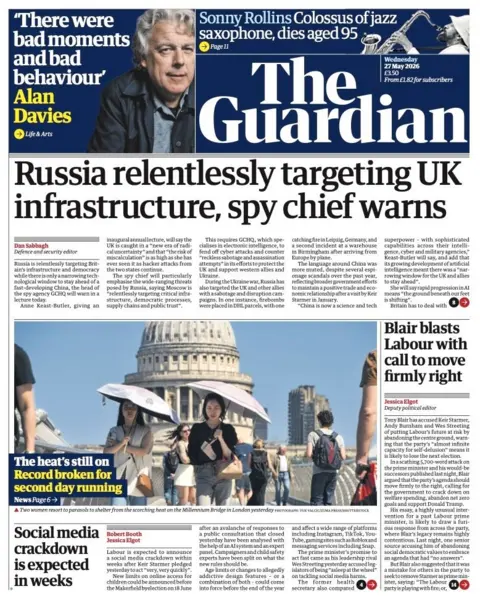 "Russia relentlessly targeting UK infrastructure, spy chief warns" reads the headline on the front page of the Guardian.