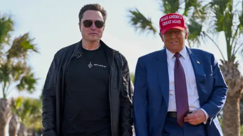 Reuters Tesla chief executive Elon Musk wearing a black top and black leather jacket, standing next to US President Donald Trump who is wearing a blue suit, purple tie and red hat with the words make America Great Again in white letters on the hat