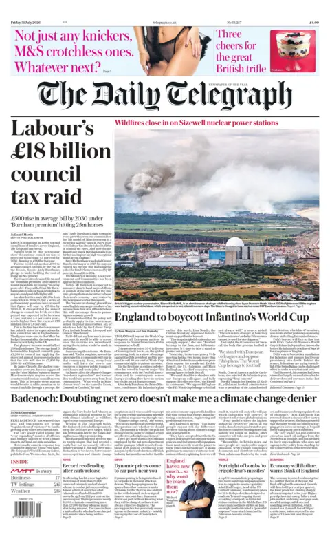"Labour's £18 billion council tax raid," reads the headline on the front page of the Daily Telegraph. 