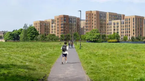 A computer-generated image of a male student with a backpack walking down a path towards the new halls. There are multiple tall, brown blocks surrounded by trees and grassland. Two female students are walking down the same path, exiting the halls.