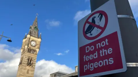 A red and white 'Do not feed the pigeons' sign attached to a lamp post in the bottom left and Darlington clocktower in the background on the right.
