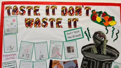 A poster on the school's wall promoting food waste reduction