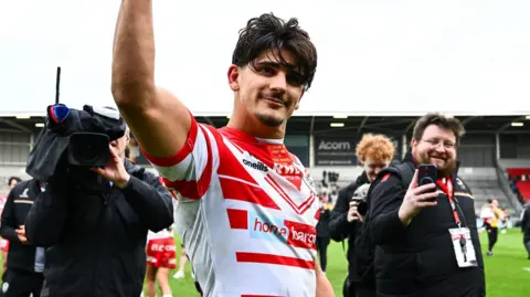 Bill Leyland celebrates following St Helens' win against Wigan Warriors