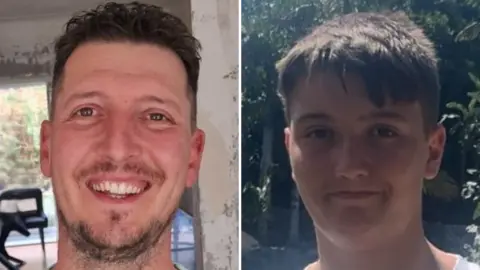 A composite image of Peter Webb and his son Ben. Peter Webb is on the left and has dark hair, cut short at the sides and has a short beard on his chin. He is wearing a light green T-shirt. The picture of Ben is on the right. He is wearing a white T-shirt and is standing at a hotel resort with palm trees and a swimming pool in the background.