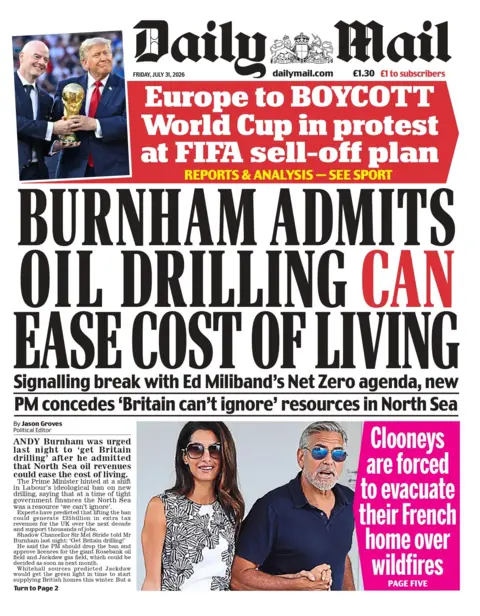"Burnham admits oil drilling can ease cost of living," reads the headline on the front page of the Daily Mail. 