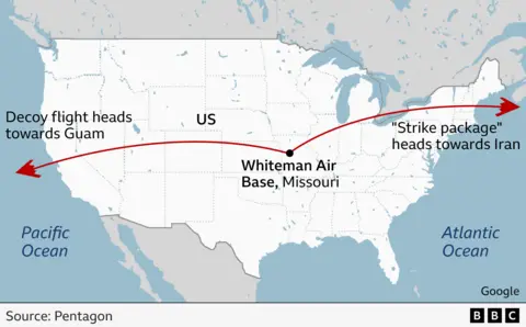 A map of the US showing that at the same time the strike package of B-2s took off from Whiteman Air Base in Missouri, another team of B-2s set off in the opposite direction on a decoy mission.