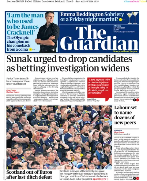 BBC Guardian headline: "Sunak urged to drop the candidate as the investigation widens stakes"