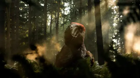 A Utahraptor in a woodland environment