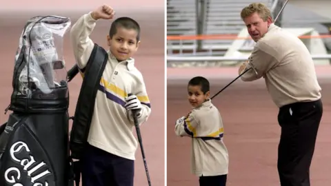PA Images A composite image of Aaron Rai as a child, in the image on the left his has his right fist in the air and is carrying a golf bag and holding a golf club. In the image on the right he is mid-swing and standing next to Colin Montgomerie who is also mid-swing