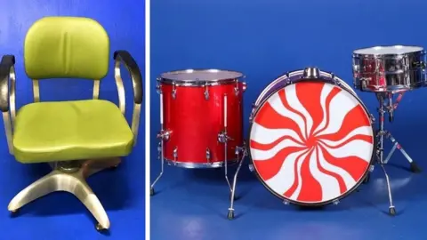 Online Nashville Auctions The green chair and White Stripes drum kit