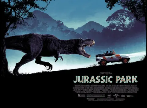 Universal Matt Ferguson's Jurassic Park poster showing a T-Rex chasing a van