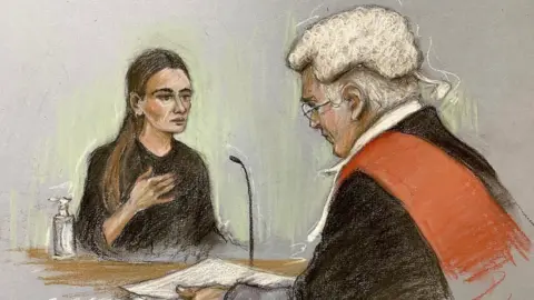 Elizabeth Cook/PA Media Court artist sketch by Elizabeth Cook of Peta Cavendish giving evidence, watched by Judge David Turner, at Chelmsford Crown Court