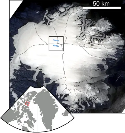 NASA/Anja Rutishauser Satellite map of the Devon ice cap, showing the location of Devon island in the Canadian Arctic and two long lakes in the middle of the ice sheet