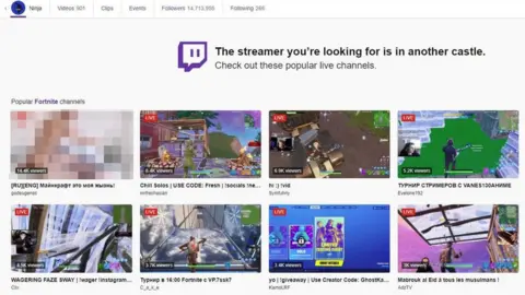 Twitch/Ninja Screenshot of Ninja's Twitch page. It says "The streamer you're looking for is in another castle, check out these popular live channels". The top live channel is pornographic.