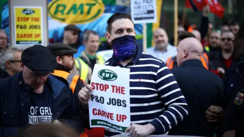 Rex Features Protests outside the London office of P&O Ferries' Dubai owners DP World