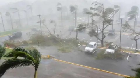 AFP/Getty Images Trees toppled over in a parking lot at Roberto Clemente Coliseum in San Juan, Puerto Rico, 20 September 2017