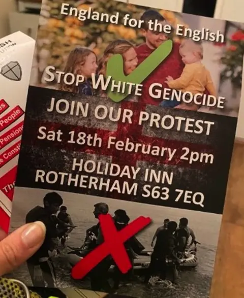 Handout Leaflet from previous protest in Rotherham reading 'Stop White Genocide'