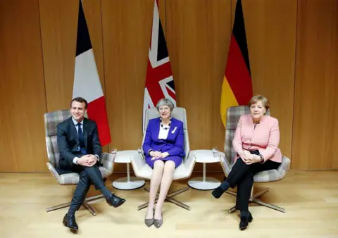 Getty Images Theresa May with Emmanuel Macron and Angela Merkel at the European Council summit, 22 March