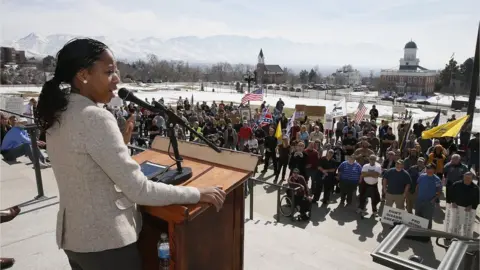 Getty Images Mia Love, speak at a gun rights rally and march at the Utah State Capitol on March 2, 2013 in Salt Lake City