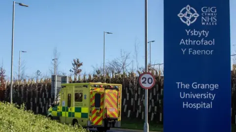 Getty Images A general view of Ambulances arriving at the Grange University Hospital