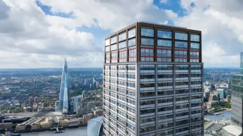 One undershaft mock-up with The Shard seen on the other side of the river