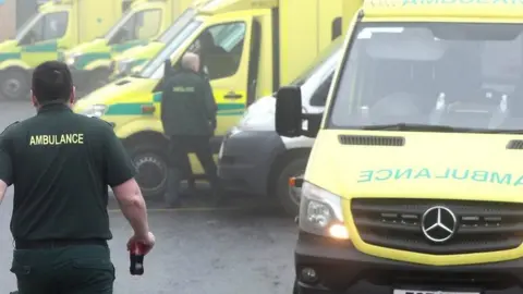 PACEMAKER Ambulances lined up in the admissions area at Antrim hospital January 2021